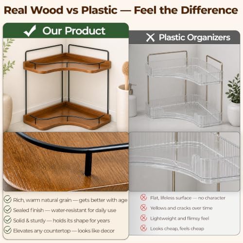 Rofio 2-Tier Corner Bathroom Counter Organizer with Solid Wood Shelf - Image 4