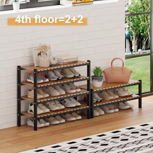 Bamboo Shoe Rack Organizer for Closet and Entryway - Space-Saving Narrow Shoe Stand - Versatile Shoe Holder for Door or Closet Shelf, Garage Bedroom can Freely Stack DIY Small Shoe Racks 2 Tier - Image 4