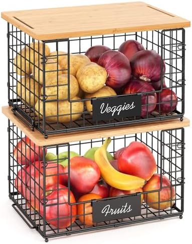 2 Pack Stackable Wire Baskets with Bamboo Top,Pantry Organizers Counter by keomaisyto