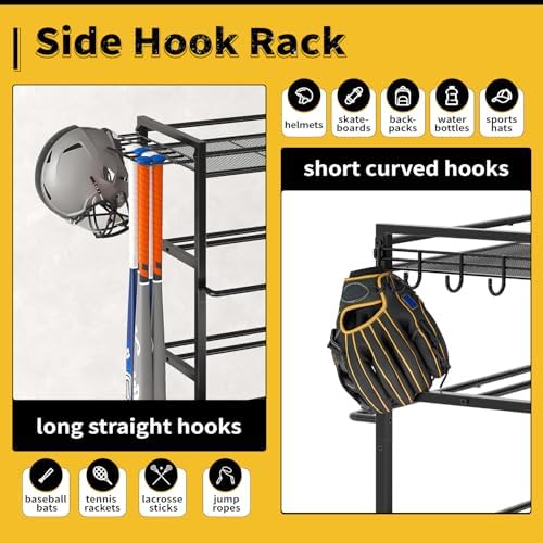 SOYEEZE Garage Sports Equipment Organizer-Large 5 Layer Ball Storage, Basketball Stand Holder, Outdoor Toy Storage, Baseball Bat Rack, Rolling Ball Cart with Hooks and Wheels for Indoor/Outdoor Use - Image 5