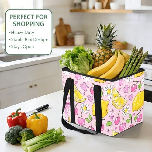 Trunk Organizer Collapsible Car Organizer with Handle Car Storage Box Bin for Groceries SUV Utility Tote Bag Portable Vehicle Container Lemon Cherry Pink - Image 5