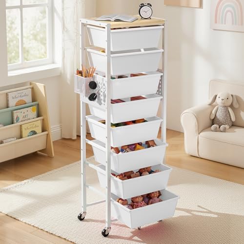 Rolling Cart with Drawers, Rolling Storage Cart with 8 Large Plastic Drawers & Wooden Tabletop, Utility Cart with Pegboards & Basket, Storage Drawers Cart for Living Room, Classroom, Bedroom, Office - Image 3