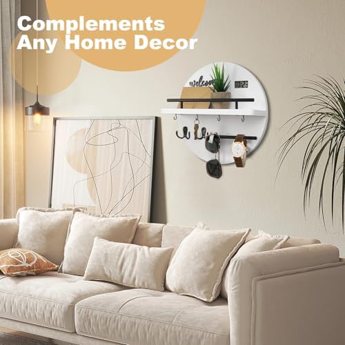 Key Holder for Wall, Key and Mail Holder Organizer with - Key Holder Wall Mount - Round Wooden Rustic Home Decor for Entryway, Mudroom, Hallway, Kitchen Office (White&Black) - Image 2