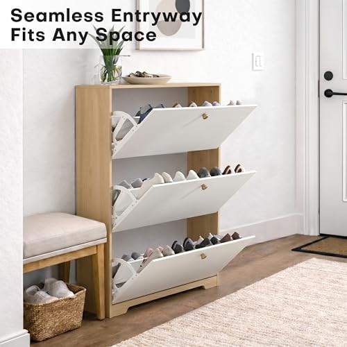 Nicetree Shoe Storage Cabinet with 3 Flip Drawers, Natural Oak and White - Image 4