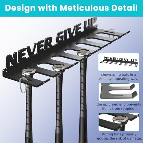 Baseball Bat Holder Wall Mount Softball Storage Hooks Metal Rack Hanger Fence on Wall Home and Field for Display Heavy Duty Steel Organizer Hanging Sports Equipment Holds 14 Bats Never Give UP - Image 5