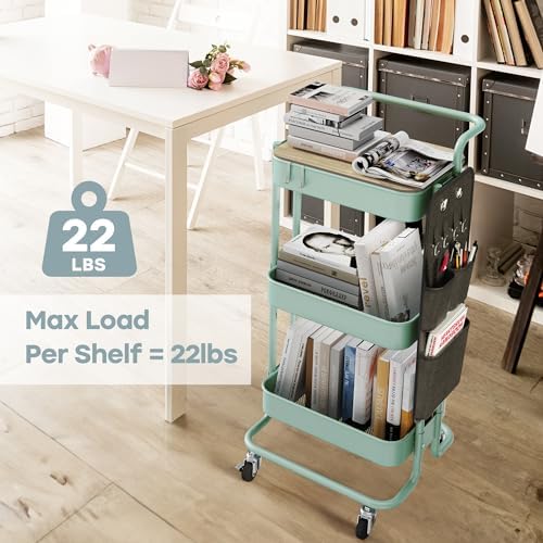 DTK 3-Tier Rolling Cart with Table Top, Metal Utility Cart with Side Bags - Image 3