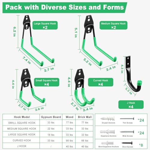 Garage Hooks, 20-Pack Steel Garage Accessories for Organization and Storage, Heavy Wall Mount Duty Hooks with Anti-Slip Coating for Hanging Ladder, Bike, Power Tools and More Tools, Green - Image 2