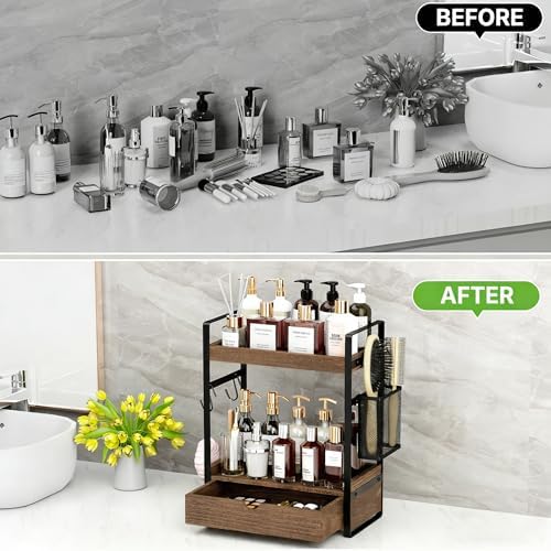 2-Tier Bathroom Counter Organizer with Drawer Basket and Hooks, Wood Bathroom Organizers and Storage for countertop, Farmhouse Dark Brown Countertop Organizer, Counter Shelf for Vanity Kitchen Office - Image 7