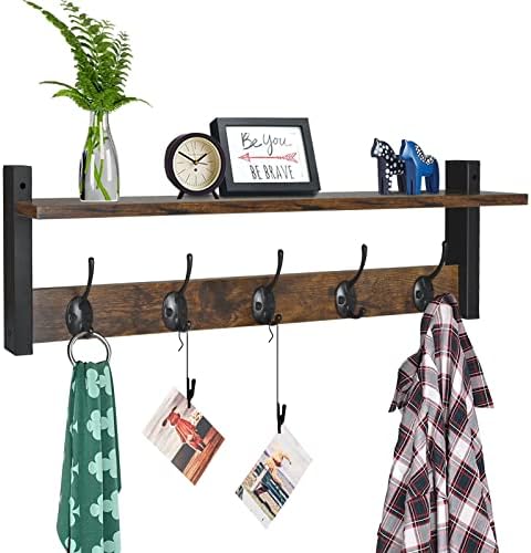 Homode Coat Rack with Wall Mount, 24 Inch Long Entryway Wall Shelf with Hooks, Wood Hanger with Storage Shelf for Bathroom, Hallway, Rustic Brown Black by Homode