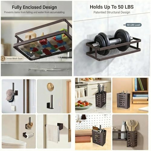 PUSDON 5-in-1 Shower Caddy & Kitchen Organizer Set, Wall Mount Wide Spice Rack with Paper Towel Holder, Utensil Holder, Soap Dish, Rustproof Mesh Baskets Hold 50LBS - Vintage Bronze, Guardrail - Image 4