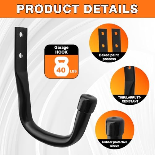 Heavy Duty Wall Garage Hooks, Steel Anti-Slip Utility Hooks Storage Organization Hangers for Ladders, Bikes, Hose, Garden Tools, Coats, Bags with Mounting Hardware Kit (Black, 12 Pack) - Image 4