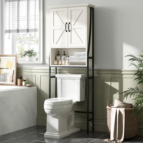 Over The Toilet Storage Cabinet, Over Toilet Bathroom Organizer, Above Toilet Storage Cabinet with Barn Doors Behind Toilet Bathroom Organizer (Cream White) - Image 6