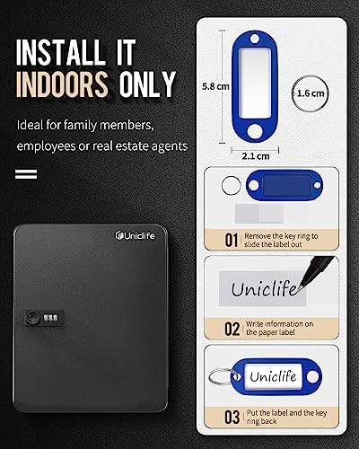 Uniclife 60 Position Key Cabinet with Combination Lock Resettable Black Digital Security Storage Box Steel Key Organizer with Colorful Key Tag Labels Stickers and Hooks - Image 7