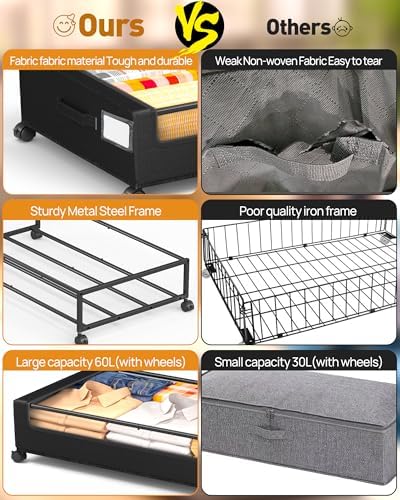Under Bed Storage With Wheels, 2 Pack Square Containers, 60L Bins, Rolling Metal Drawer for Clothes, Blankets, Shoes - Image 6