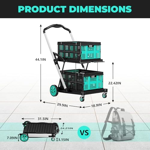 8-in-1 Max 200LBS Collapsible Shopping Cart on Wheels with 2 Storage Crates, Portable Foldable Shopping Cart with Foot Brake for Picnic, Supermarket, Office, Blue-2026 Upgraded - Image 2