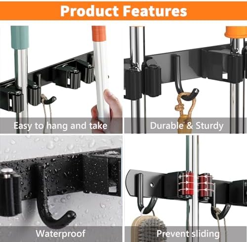 CUXIXA Mop and Broom Holder Wall Mount, Upgraded Broom Organizer Wall Mount, Stainless Steel Broom Hanger Wall Mount for Home Kitchen Garden Laundry Garage (5 Racks with 4 Hooks Black) - Image 2