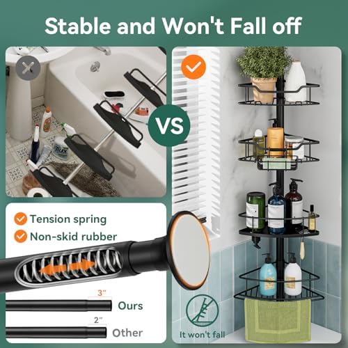 Corner Shower Caddy Tension Pole, 4 Tier Rustproof Shower Tension Rod Organizer, Adjustable 25-125 Inch Bathroom Shower Organizer Shelves for Bathtub Shampoo Storage, Black - Image 2