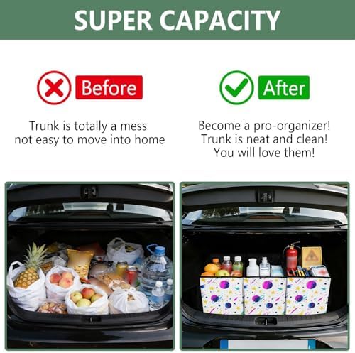Trunk Organizer Collapsible Car Organizer with Handle Car Storage Box Bin for Groceries SUV Utility Tote Bag Portable Vehicle Container White Star Planet Comet Rainbow - Image 4