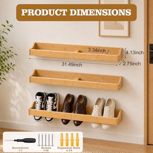 Wooden Shoe Rack Storage Organizer Floating Shoe Shelves Holds 3 Pairs - Image 2