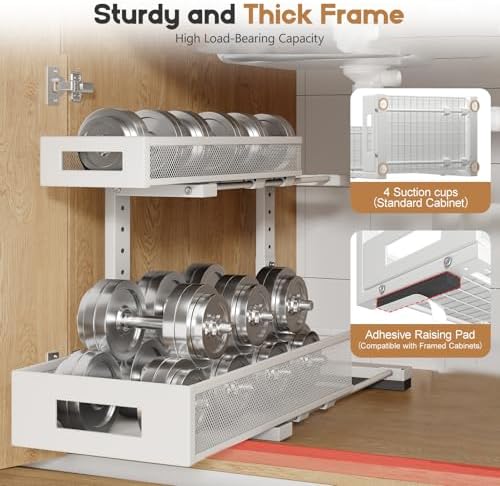 2 Pack 17IN Depth Under Sink Storage Organizer, Large 2-Tier Elegant Mesh Pull Out Shelf for Kitchen and Bathroom Cabinet Organization, L-Shaped and Adjustable Height Design-White - Image 3