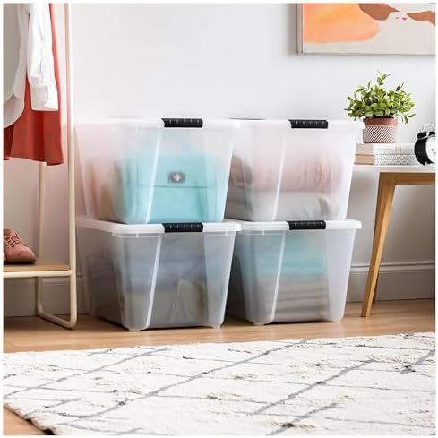 IRIS USA 54 Qt Stackable Plastic Storage Bins with Lids, 8 Pack - BPA-Free, Made in USA - See-Through Organizing Solution, Latches, Durable Nestable Containers, Secure Pull Handle - Clear - Image 4