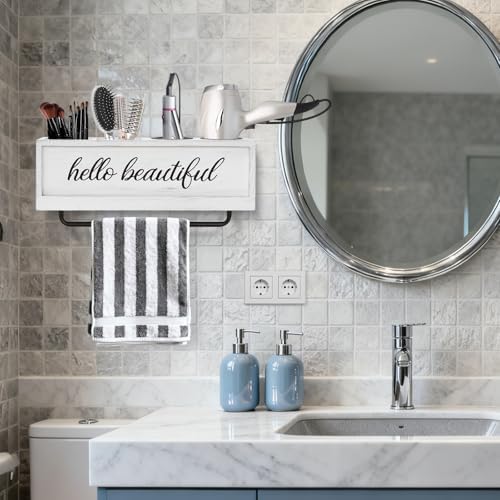 Hair Dryer Holder Wall Mounted, Hair Tools and Styling Organizer with Towel Bar, Farmhouse Beauty Hair Appliance Holder for Flat Iron, Curling Wand, Towel Rack (White) - Image 2