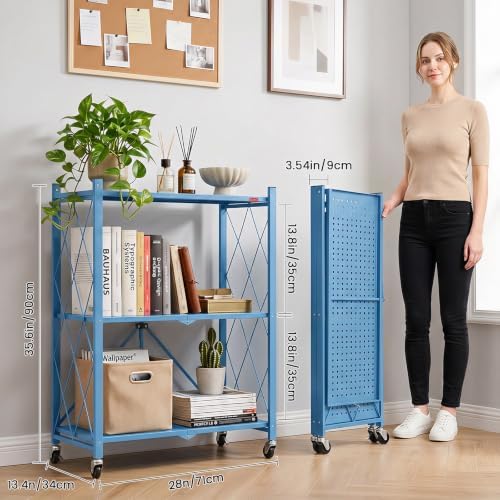 DEANIC 3 Tier Foldable Storage Shelves with Wheels, Kitchen Appliance Stand, Freestanding Metal Wire Shelf Rack, No Assembly Organizer Rolling Cart for Garage, Basement, Pantry(Blue) - Image 3