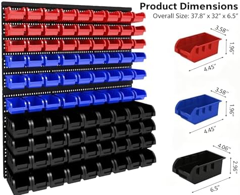 90Pcs Wall Mounted Storage Organizer Bins with Rack, Nuts, Bolts, and Hardware for Screws, Nails, Beads,Small Parts (Red, Blue, Black) - Shop,Garage Tool Storage Solution - Image 4