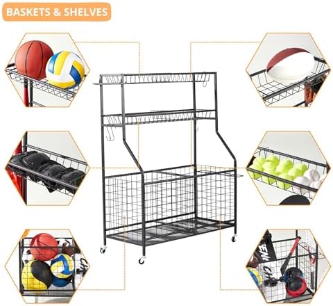 LUGO Heavy-Duty Rolling Sports Equipment Organizer – Ball Storage Rack with Lockable Wheels, Shelves, Baskets & Hooks – Garage, Home & Outdoor Sports Gear Holder for Basketballs, Toys, Helmets & More - Image 3