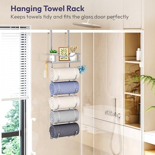 SWTYMIKI Over the Door Towel Rack - 6 Tier Towel Racks for Bathroom Wall Mounted, Towel Holder with Shelf, Hanging Rolled Towel Storage Organizer for Small Bathroom, Camper, RV, Sliver - Image 3