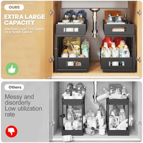 2 Packs 17IN Depth Under Sink Organizer, 2-Tier Pull Out Cabinet Organizer With Smooth Circular Rail, Large Capacity Metal Mesh Sliding Drawers For Bathroom& Kitchen Storage,Height Adjustable –Black - Image 3