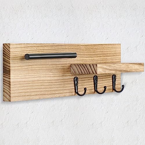 Key Holder for Wall, Decorative Entryway Shelf with Hooks Holds Keys, Dog Leash, Sunglasses – Key Hanger with 3 Hooks Organizes, Enhances Home Decor (15” x 4.5” x 2.6”) (Wood) - Image 2