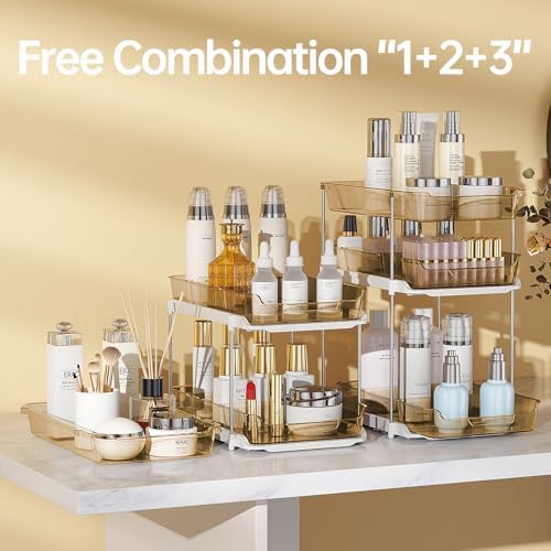 Delamu 2 Pack 3-Tier Bathroom Under Sink Organizers and Storage, Multi-Purpose Stackable Pantry Organization and Storage, Pull Out Clear Kitchen Bathroom Cabinet Organizer with Movable Dividers, Amber - Image 3