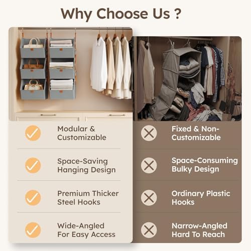 Homsorout Hanging Closet Organizer 4 Tier - Clothes Hanging Shelves, Space-Saving Closet System, Fabric Storage Bins Bedroom Organization, Collapsible Baskets for Home, Dorm, Rv, Grey - Image 4