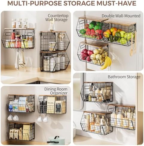 Delamu Stackable Metal Fruit Basket with Wood Lid 3 Pack, Hanging Wall Organizer for Kitchen Counter, Pantry Storage for Onions, Potatoes, Garli, Fruits, Spices, Black - Image 6