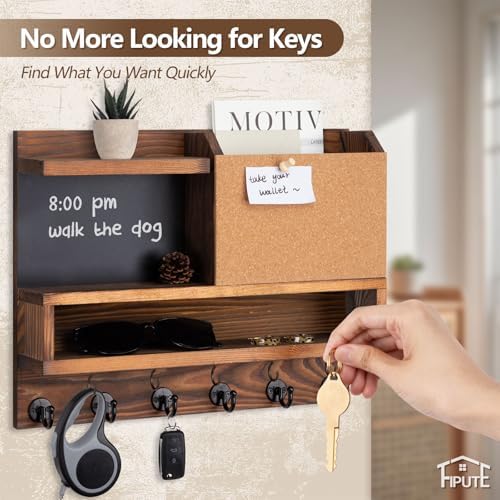 Key Holder for Wall Mount with Mail Organizer, Farmhouse Key Holder for Wall with Shelf, Chalkboard&Corkboard, Entryway Organizer 11 Metal Hooks, Decorative Natural Pine Wood, 14.6*11.1*3.3”, B-Brown - Image 5