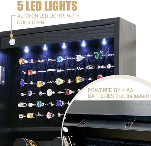 Full Length Mirror Jewelry Cabinet Organizer Lockable Door Wall-Mounted Jewelry Armoire with Shelves and Behind the Door Storage Black - Image 2