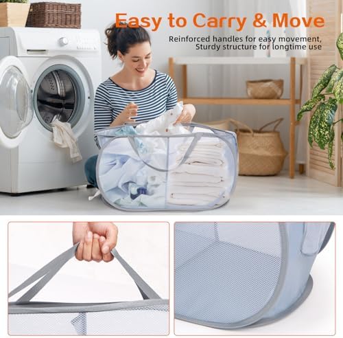 Sturdy Collapsible Laundry Baskets, Foldable Pop Up Laundry Hamper, Durable 2 Compartments Laundry Basket, Handy Pocket & Easy to Sort Clothes Hampers for Laundry, Dorm, Kids Room, Travel Grey - Image 5