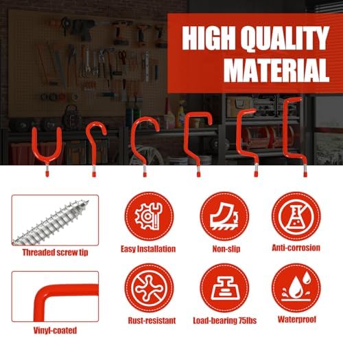 Garage Hooks Heavy Duty, 12-Pack Mixed Utility Garage Hooks, Wall Mounted Steel Tool Hangers for Garage Wall Organizer, Hold Ladders Tools Bikes (Red, 6 Type & 12 Pack) - Image 3