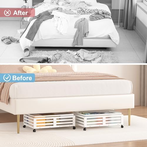 Under Bed Storage with Wheels-Large Bamboo Underbed storage Containers with Large Dust Bag Stackable Under the Bed Shoe Storage Bins for Clothes Books Bedding (2 Packs White, 23.62"L×16.54"W× 6.51"H) - Image 6