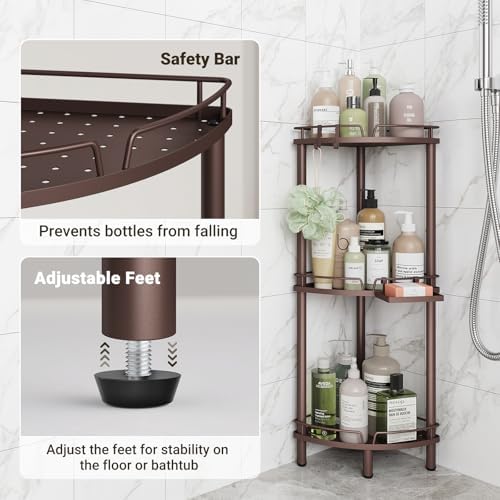 ELYKEN Corner Shower Caddy Standing, 3 Tier Metal Shower Organizer, Bronze - Image 6