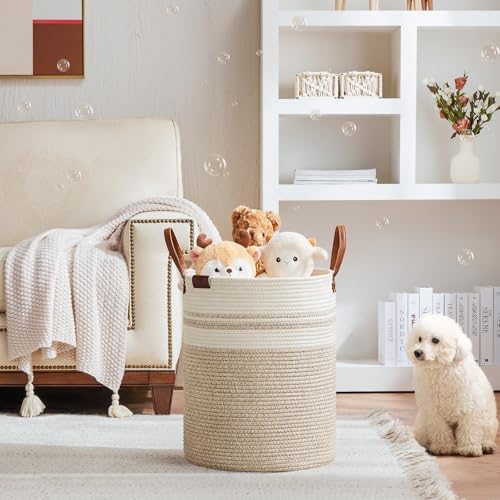 VIPOSCO 53L Tall Woven Rope Laundry Hamper, Leather Handles, Brown & White - Image 2