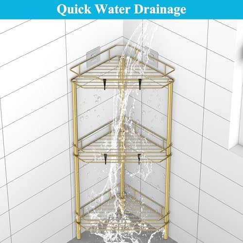 HuggieGems Metal Floor Standing Corner Shower Caddy, Gold, 3 Tier - Image 5