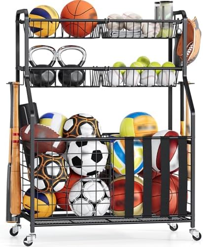 APEXCHASER Sports Equipment Organizer, Rolling Garage Ball Storage Rack by APEXCHASER