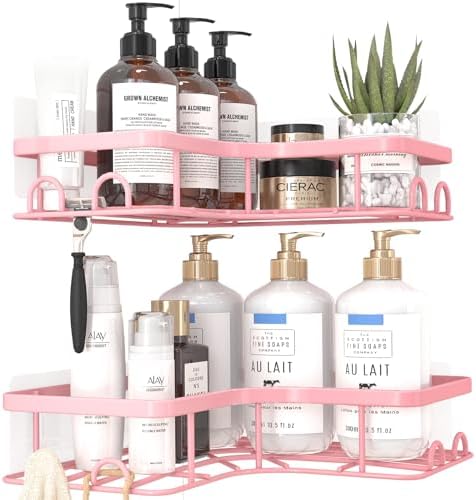 Sakugi Corner Shower Caddy - 2 Pack, Adhesive Shower Organizers, Rustproof Stainless Steel Shower Shelves with 8 Hooks, No Drilling Bathroom Organizers and Storage Racks, Space-Saving, Pink, Medium - Image 3