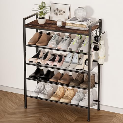 5 Tier Shoe Rack, Shoe Rack for Entryway with Hook, Shoe Organizer with Adjustable Mesh Shelves, Metal Shoe Storage, Closet, Bedroom Living Room Garage by Unknown