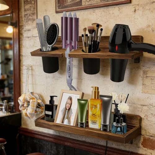 Hair Tool Organizer Wall Mount Holder, 2 Layer Rustic Blow Dryer Holder, Hair Product Wooden Storage Shelf for Hair Dryer, Curling Iron, Hot Tools, Vanity Accessories, Makeup, Toiletries(Dark Brown) - Image 6