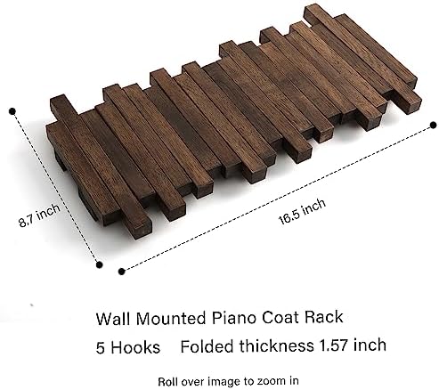 Wall Mounted Piano Coat Rack| Coat Rack Wall Mount| Flip Down Hook Rack 5 Hooks| Entryway Wall Art Hook,Made of Acacia Wood (Wood Wax Oil Dyed Walnut Color).Wall Art - Image 6