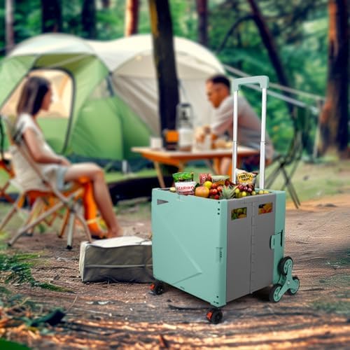 76L Folding Utility Cart Portable Rolling Crate Handcart Shopping Collapsible Tool Box with Stair Climbing Wheels,Hidden Lid,2 Rotate Wheels,for Grocery,Shopping,Office,Storage(Green) - Image 3