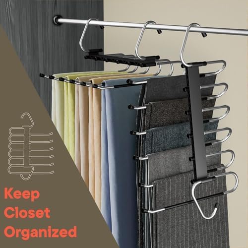 Black Space Saving Pants Hangers 2 Pack, 6 Layer Jeans Hangers and Closet Organizer for Jeans, Scarves, Skirts, Multi-Layer Hanger with Anti-Slip Coating & Stopper, Heavy-Duty S-Type Stainless Steel - Image 6